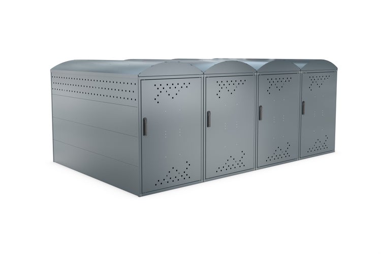 Fahrradgarage aus Metall mit mehreren abschließbaren Abteilen für Fahrräder.