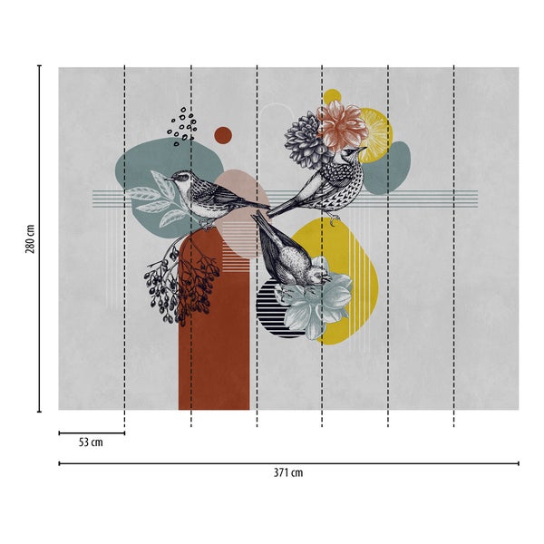 Fototapete mit Vögeln, Blumen und abstrakten Formen, Maße 371 mal 280 Zentimeter, Bahnenbreite 53 Zentimeter.