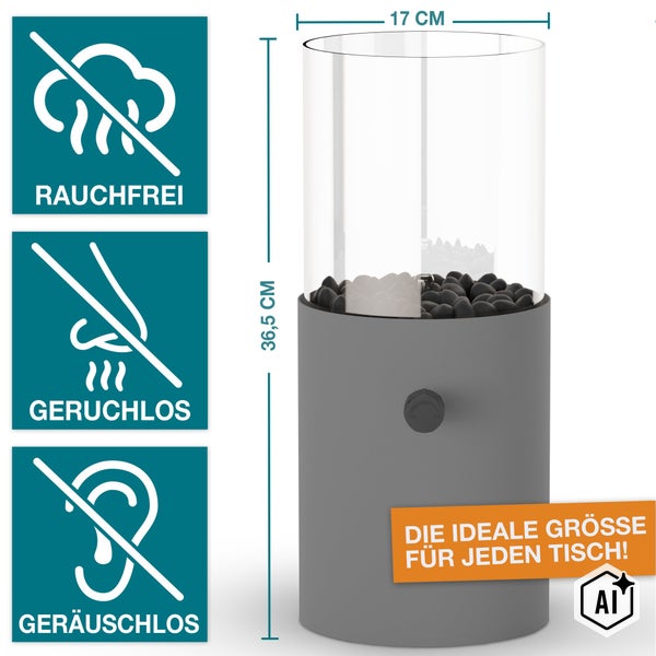 Tischkamin mit Glasaufsatz, rauchfrei, geruchlos und geräuschlos, Höhe 36,5 Zentimeter, Durchmesser 17 Zentimeter für den Innenbereich.