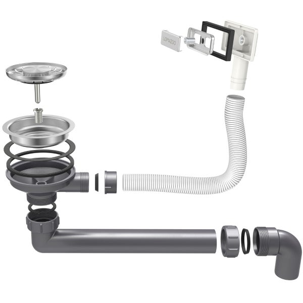 Explosionszeichnung eines Spülenablauf-Sets mit Überlauf, bestehend aus Ablaufventil, Dichtungen, flexiblem Schlauch und Ablaufrohr.