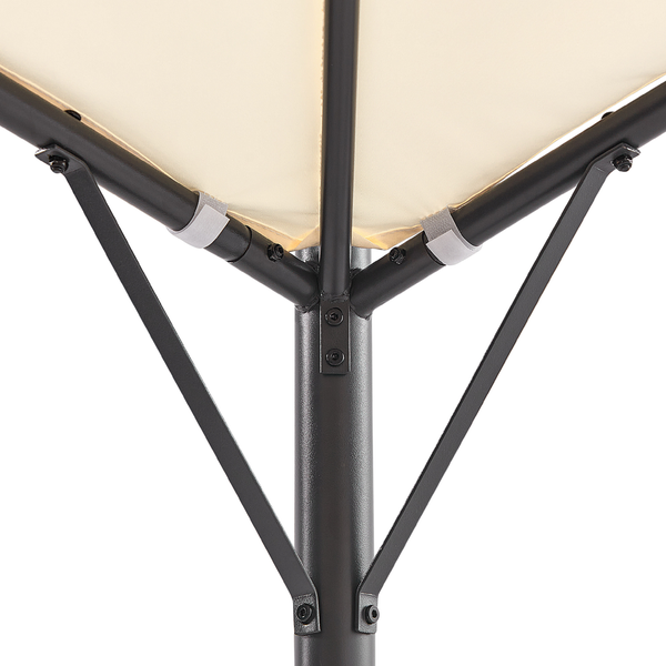 Moderner Gartenpavillon mit gewölbtem hellem Dach, dunklem Metallgestell, Sitzsäcken und Holztisch auf Kunstrasen.