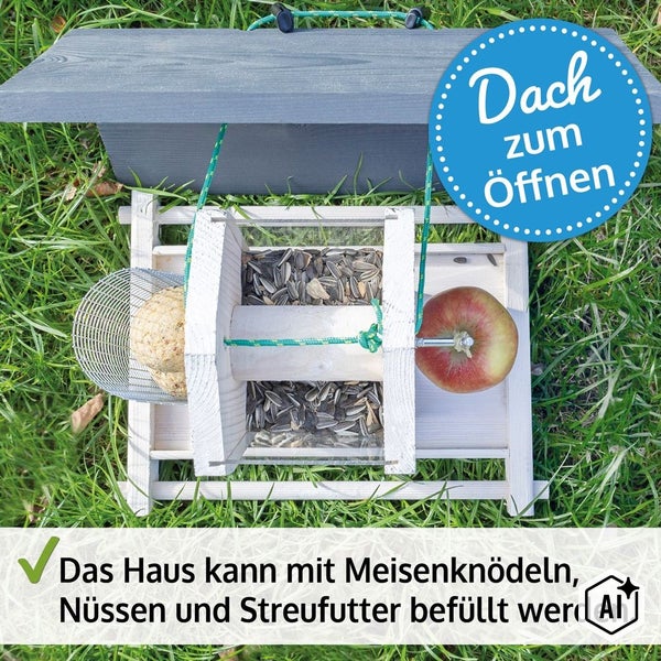 Holz Vogelfutterhaus zum Aufhängen mit aufklappbarem Dach für Meisenknödel, Nüsse und Streufutter.