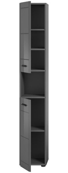 Schmaler Badezimmer-Hochschrank in Anthrazit mit zwei Türen, schwarzen Griffen und mehreren Regalfächern.