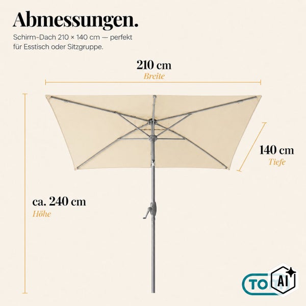 Technische Zeichnung eines rechteckigen Sonnenschirms von TOM mit Maßen von 210 mal 140 Zentimeter und einer Höhe von circa 240 Zentimeter.