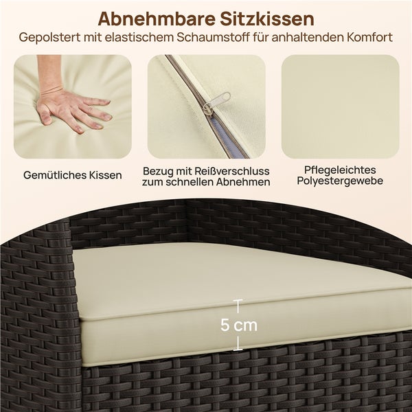 Abnehmbares Sitzkissen für Gartenmöbel mit Reißverschluss, pflegeleichtem Polyesterbezug und Schaumstoffpolsterung von 5 Zentimeter Stärke.