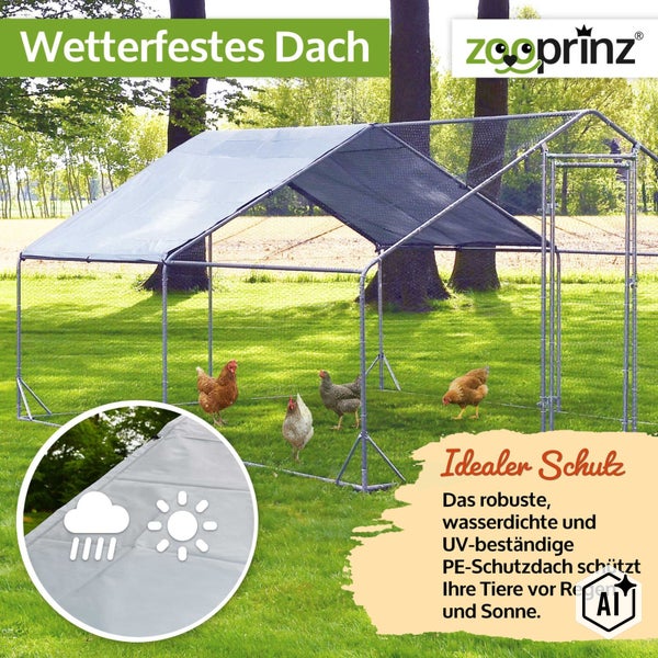 Zooprinz Hühnerfreilauf mit wetterfestem Polyethylen Schutzdach für den Garten schützt Geflügel vor Regen und Sonne.