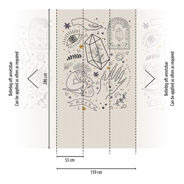 Motivtapete mit mystischen Symbolen wie Kristallen und Sternen. Maße 280 Zentimeter Höhe, 159 Zentimeter Gesamtbreite, beliebig oft ansetzbar.