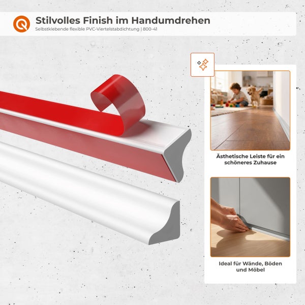 Selbstklebende flexible Viertelstab-Leiste aus PVC zur Abdichtung an Wand, Boden und Möbeln, inklusive Anwendungsbeispielen.