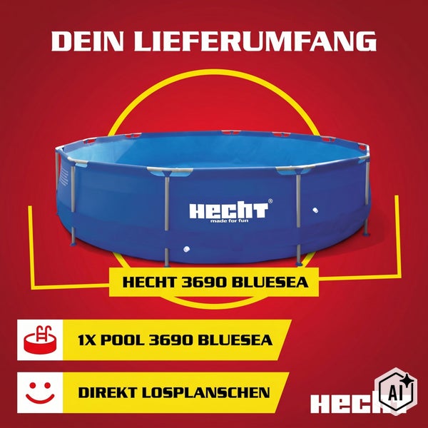 Hecht 3690 Bluesea Stahlrahmenpool mit Lieferumfang Übersicht. Das Set enthält den Gartenpool und ermöglicht eine direkte Inbetriebnahme.