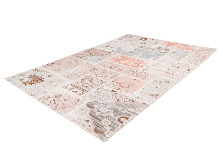 Teppich im Vintage-Stil mit Patchwork-Design und floralen Ornamenten in Beige und Rosa