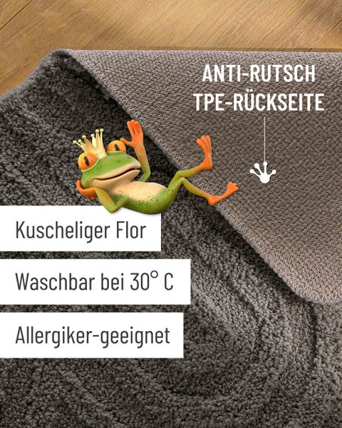 Badematte mit kuscheligem Flor, rutschhemmender Rückseite aus thermoplastischen Elastomeren, waschbar bei 30 Grad und für Allergiker geeignet.