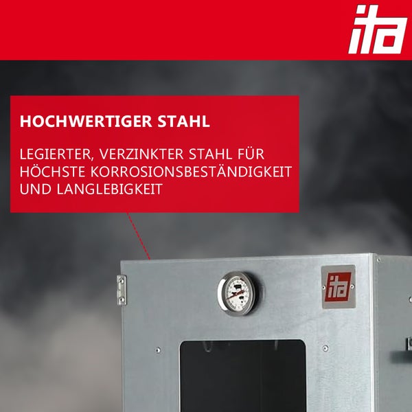 Räucherofen aus legiertem, verzinktem Stahl für hohe Korrosionsbeständigkeit und Langlebigkeit mit Thermometer und ita Logo.