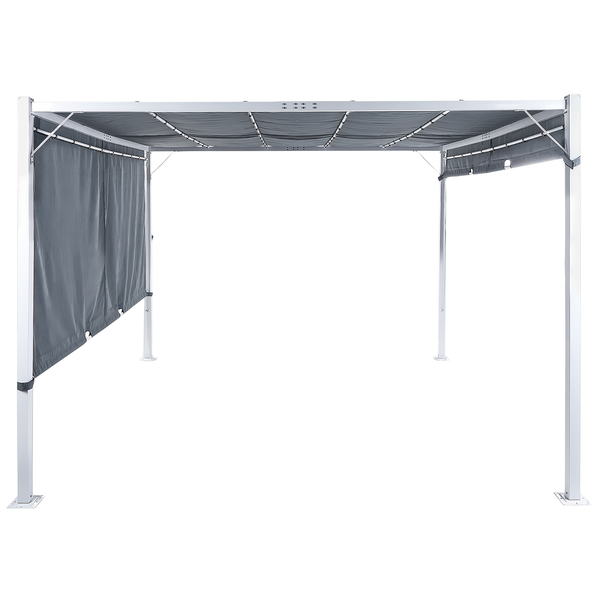 Pergola mit Metallgestell, ausziehbarem Stoffdach und Seitenwänden.