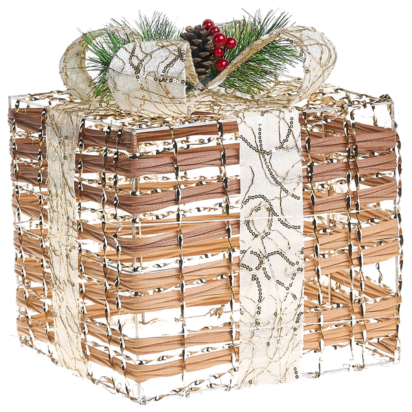 Dekoratives Geschenkpaket mit Schleife und Tannenzapfen zur Weihnachtszeit