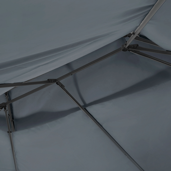 Anthrazitfarbener Gartenpavillon mit Doppeldach und gerafften Seitenvorhängen