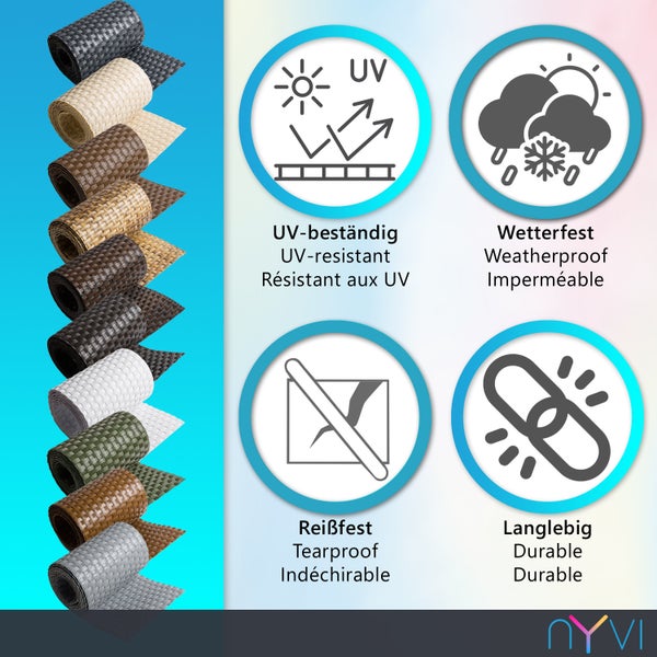 Sichtschutzstreifen in verschiedenen Ausführungen mit den Eigenschaften ultraviolettbeständig, wetterfest, reißfest und langlebig. NYVI Logo.