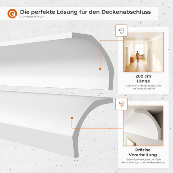 Stuckleiste 500-LSF zur Deckenverkleidung mit Montagehinweisen und Anwendungsbeispielen.