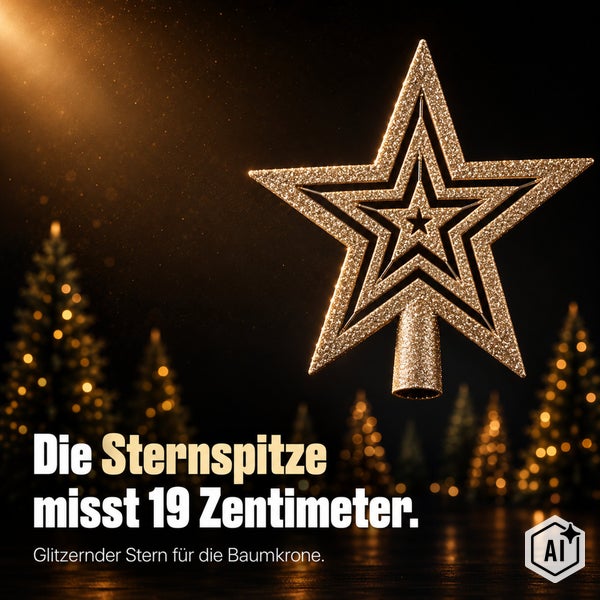 Glitzernde Weihnachtsbaumspitze in Sternform, 19 Zentimeter hoch, Dekoration für den Christbaum.