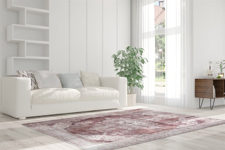 Hell gestalteter Wohnbereich mit weißem Sofa, grüner Zimmerpflanze und rot-weiß gemustertem Teppich auf hellem Holzboden vor einem Fenster.