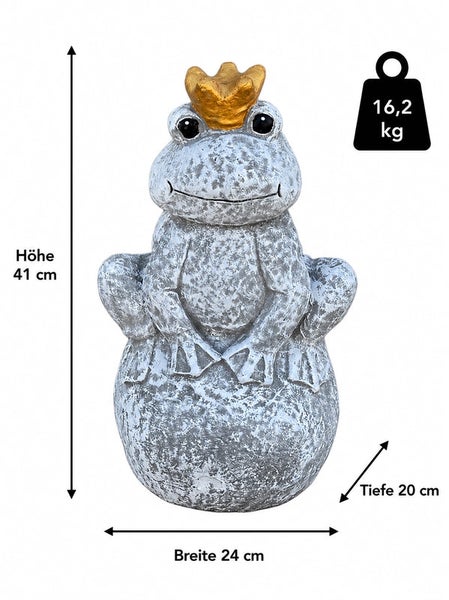 Steinfigur Froschkönig mit Krone, Höhe 41 Zentimeter, Breite 24 Zentimeter, Tiefe 20 Zentimeter, Gewicht 16,2 Kilogramm für den Garten.