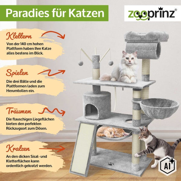 Zooprinz Katzenkratzbaum 140 cm hoch mit Plattformen, Liegemulde, Katzenhöhle, Hängematte, Kratzstämmen aus Sisal und Spielbällen für Katzen.