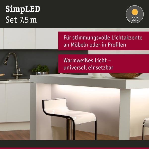 SimpLED LED Strip Warmweiß Komplettset 7,5m beschichtet 20W 300lm/m 60 LEDs/m 3000K 24VA