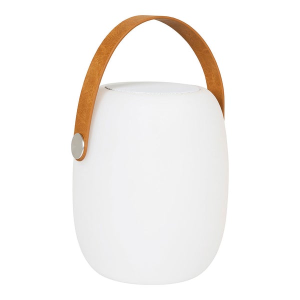 Cardiff Outdoor Lampe LED mit Lederriemen, Bluetooth Lautsprecher, wiederaufladbar weiß. 18 X 18 X 21 cm