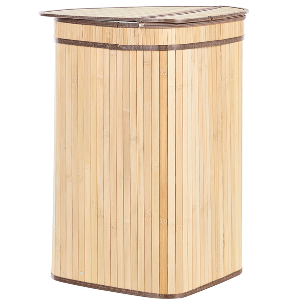 Eckiger Wäschekorb aus Bambus mit Deckel für platzsparende Aufbewahrung.