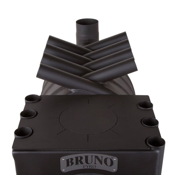 Detailansicht des Bruno Pyro Holzofen mit Kochplatte und Konvektionsrohren