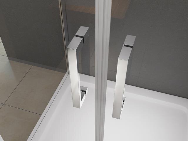 Detailansicht von Duschkabinentürgriffen.