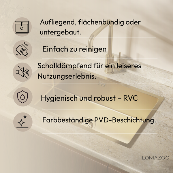 Infografik zur Lomazoo Küchenspüle mit Einbauarten, Reinigung, Schalldämmung, RVC Material, PVD Beschichtung und Lomazoo Logo.