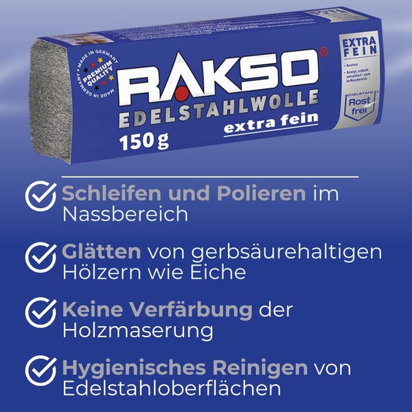 Rakso Edelstahlwolle extra fein, 150 Gramm, rostfrei, zum Schleifen, Polieren und Reinigen im Nassbereich und auf gerbsäurehaltigen Hölzern.