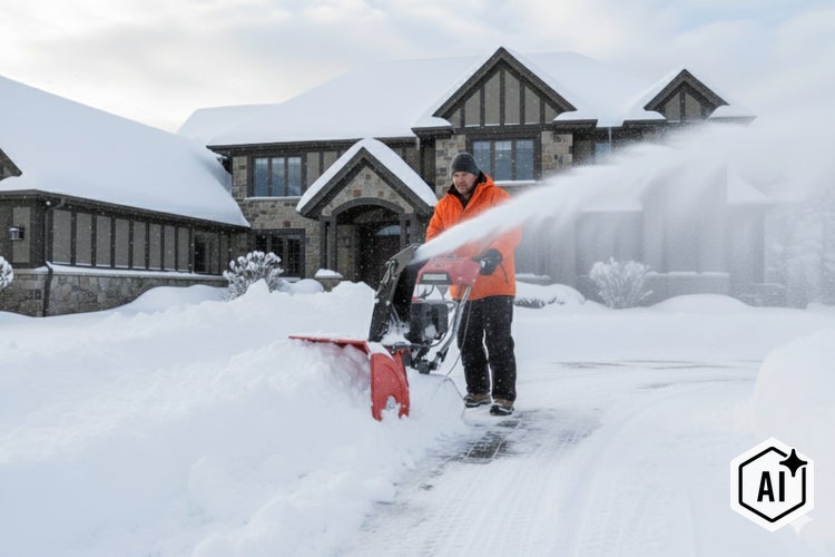 Ein Mann verwendet eine leistungsstarke Schneefräse, um eine schneebedeckte Einfahrt vor einem Wohnhaus von Schnee zu befreien.