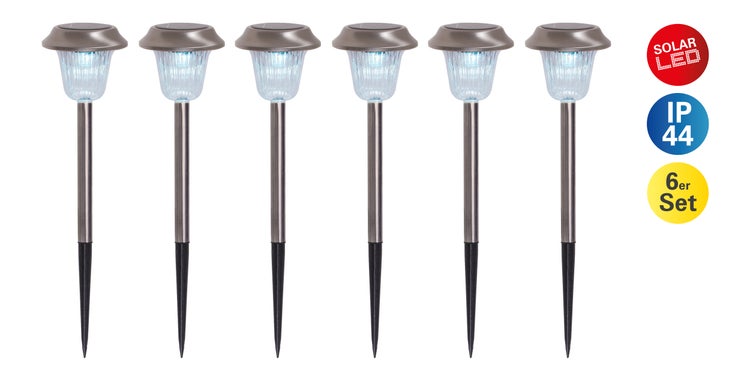6er Set LED Außenleuchte Gustav mit Erdspieß, Edelstahl und Acryl, mit fest verbauten LEDs in kaltweiß, 39 cm hoch