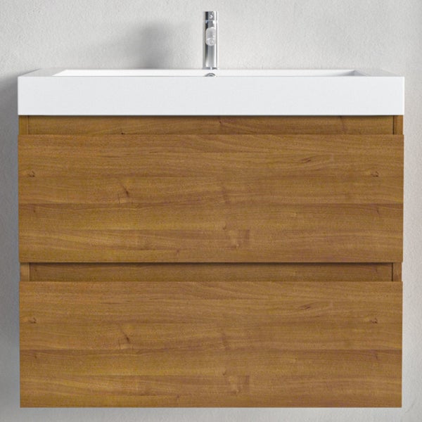 Waschtischunterschrank in Holzoptik mit zwei Schubladen und weißem Waschbecken inklusive Armatur.