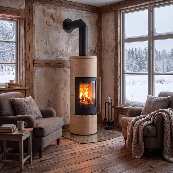 Kaminofen mit Verkleidung in einem gemütlichen Wohnzimmer mit rustikalen Holzfenstern und Blick auf eine verschneite Winterlandschaft.