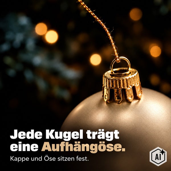 Weihnachtskugel mit fest sitzender Kappe und Aufhängeöse vor verschwommenem Hintergrund