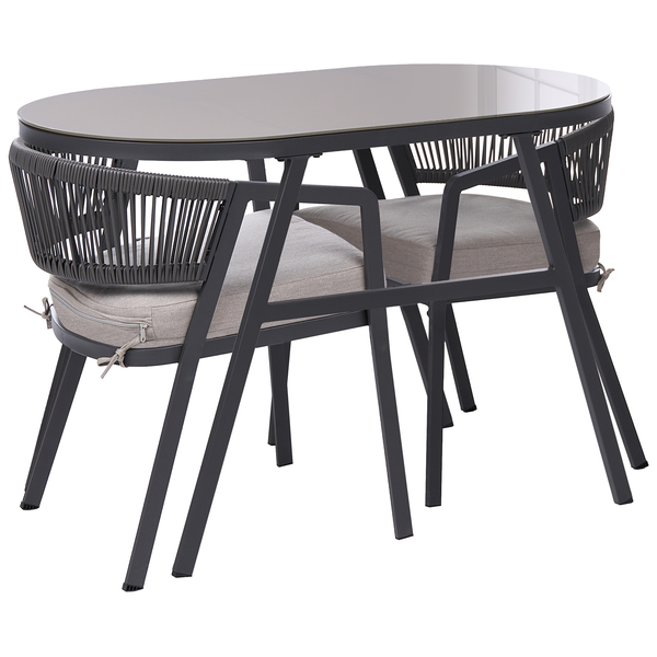 Gartentischgruppe mit Glasplatte, Seilbespannung und zwei Stühlen mit Sitzkissen