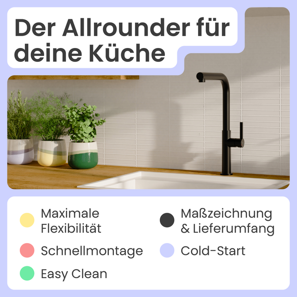 Küchenarmatur in Szene mit Hinweisen zu Flexibilität, schneller Montage, einfacher Reinigung, Maßzeichnung, Lieferumfang und Kaltstartfunktion.