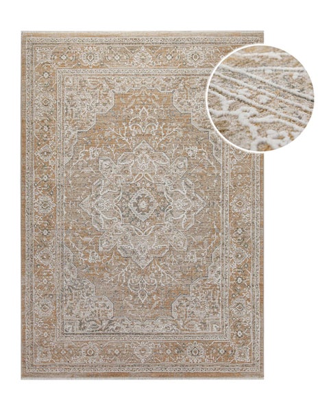 Rechteckiger Teppich mit Orient-Muster, zentralem Medaillon und dekorativem Rand in Beige und Creme, inklusive Detailansicht der Oberfläche.