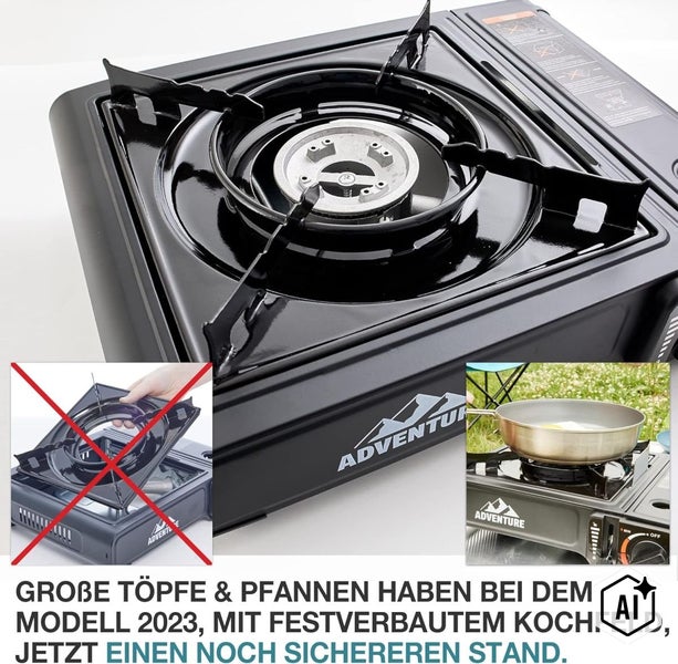 Campingkocher mit fest verbautem Kochfeld für stabilen Stand von Töpfen und Pfannen, inklusive Bedienungshinweisen.
