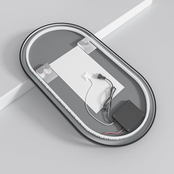 Rückseite eines ovalen LED Wandspiegels mit integriertem Netzteil, Stecker und Wandhalterungen.