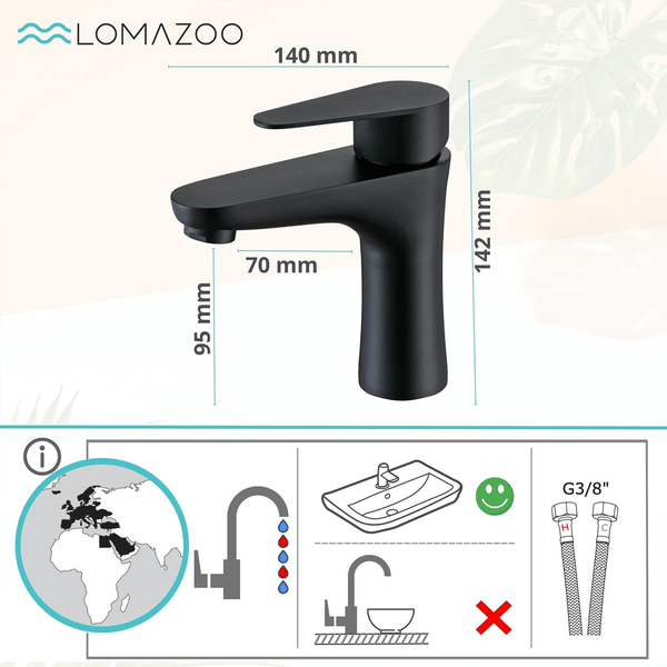 Lomazoo Waschbeckenarmatur mit Maßangaben und Installationsinformationen
