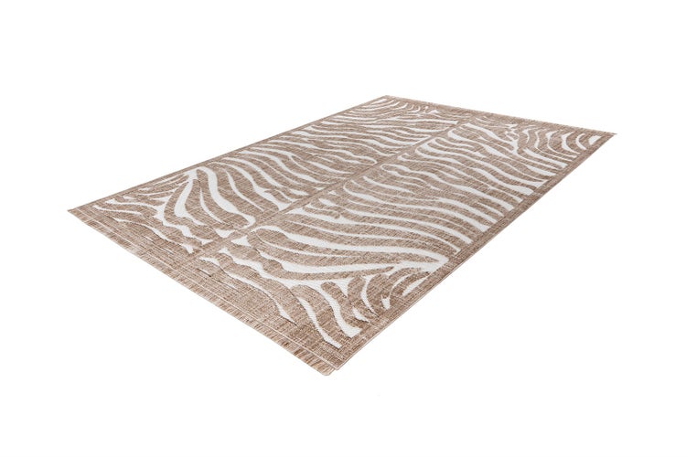 Rechteckiger flachgewebter Teppich mit beigem und weißem Zebramuster, geeignet für den Innen- und Außenbereich.