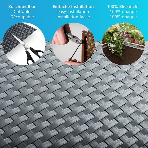 Balkonsichtschutz aus Geflecht, zuschneidbar, einfache Montage mit Kabelbindern, 100 Prozent blickdicht.