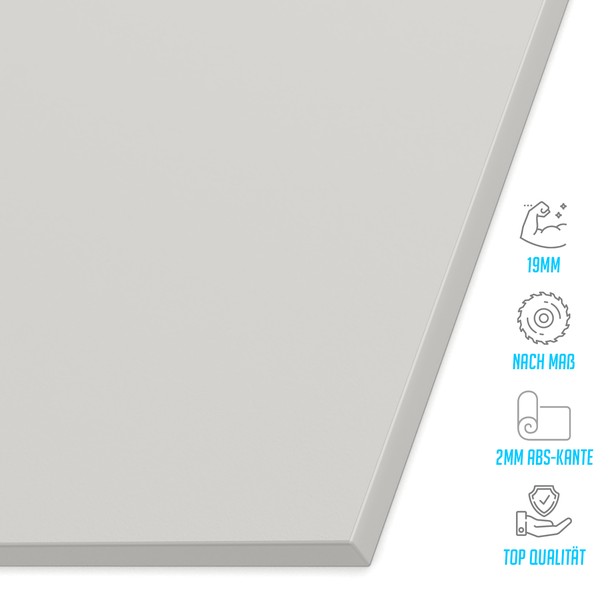 Arbeitsplatte mit 19 mm Stärke, passgenau nach Maß zugeschnitten, 2 mm ABS-Kante, Top Qualität