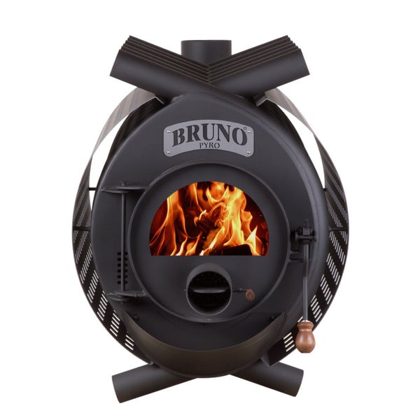 Holzofen mit Flammen und Bruno Pyro Logo