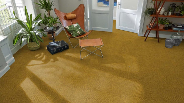 Heller, geräumiger Raum mit gelben Teppichfliesen, einem braunen Butterfly-Sessel aus Leder mit Fußhocker und grünen Zimmerpflanzen.