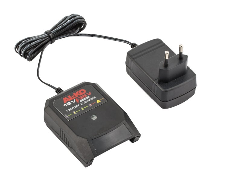 AL-KO Akku-Ladegerät für 18 Volt und 36 Volt Akkus mit 1 Ampere, Ladestatusanzeige, Netzstecker und Ladekabel.