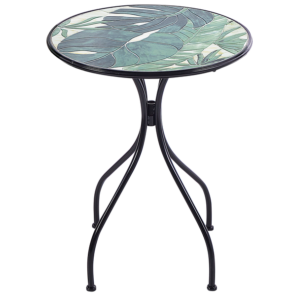Runder Beistelltisch für den Außenbereich mit schwarzem Metallgestell und Mosaikplatte mit grünem Blättermotiv.